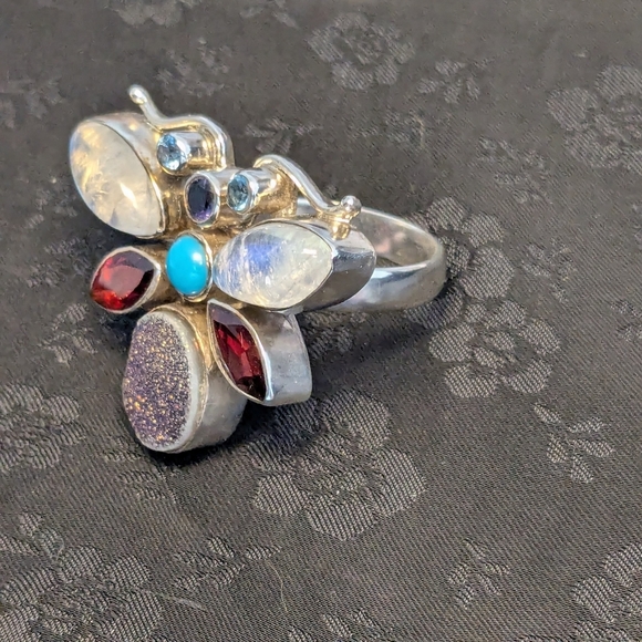 Rare Nicky Butler Butterfly Big Ring Moonstone Garnet Turquoise Size 10 - Picture 2 of 11